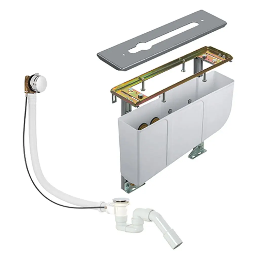Montageeinheit von Kludi, bestehend aus einem geöffnete Wandmodul, Verbindungselementen und einem Abflussanschluss, geeignet für 3-Loch Armaturen.